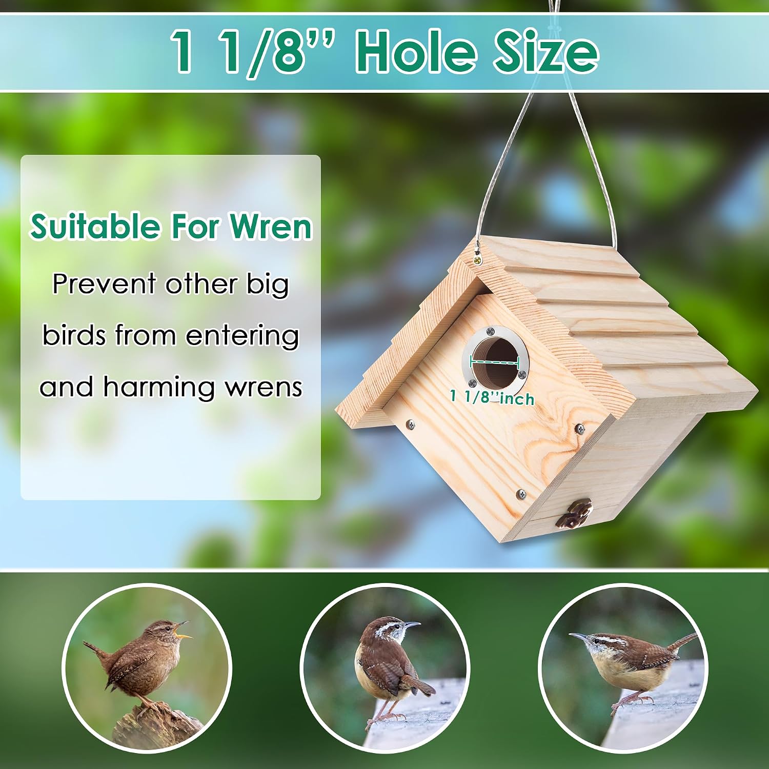 Dreyoo 2 Pack Wren House, 1-1/8'' Entrance Hole Hanging Wooden Wren Bird Houses for Outside with Metal Guard, Air