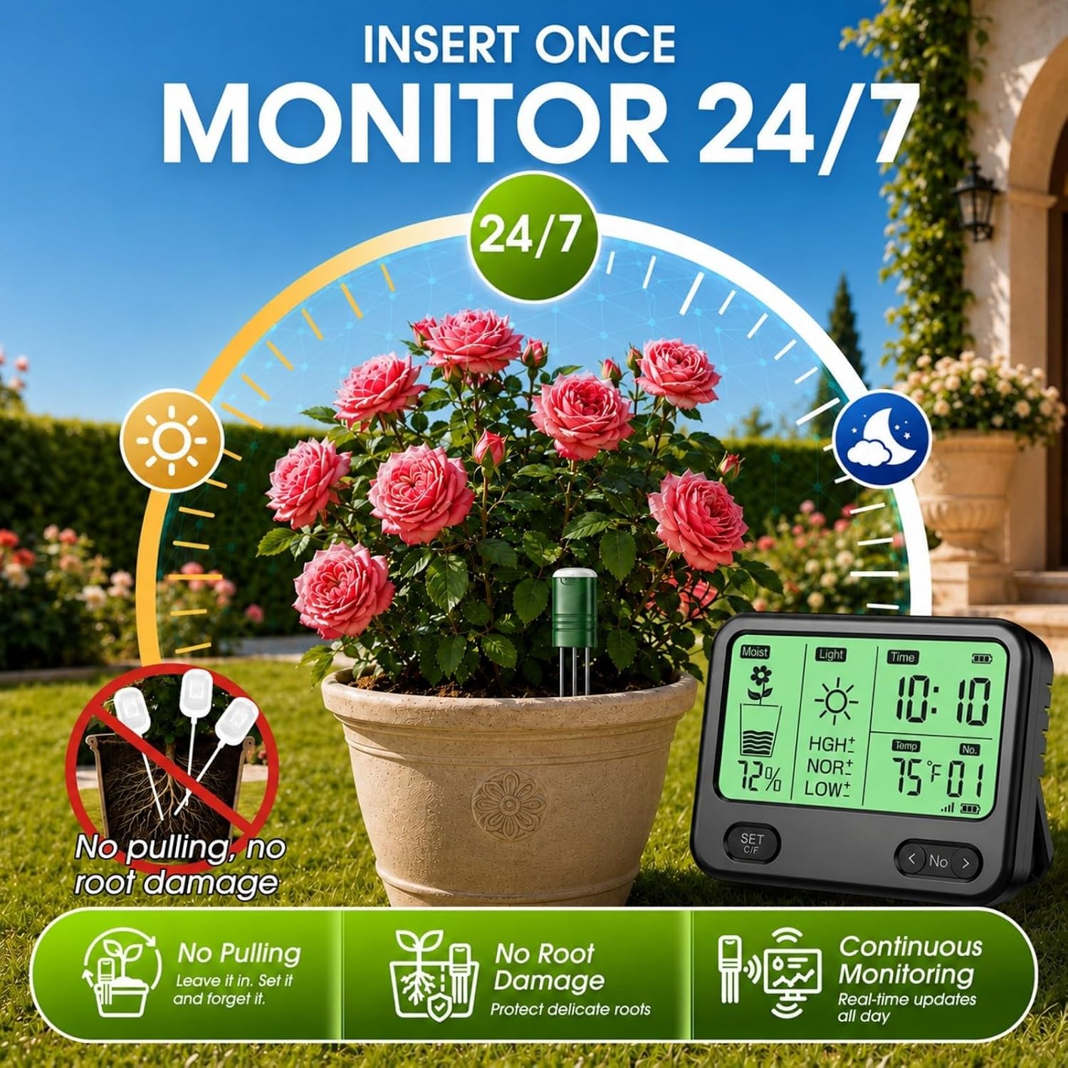 4-in-1 Soil Moisture Meter for Plants ,Soil Temperature /Moisture /Sunlight Time, Large Screen, Garden Soil Tester for