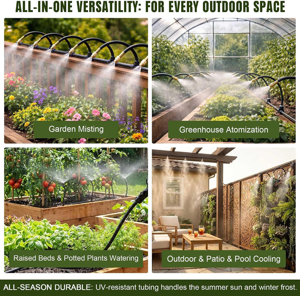 100FT Drip Irrigation System Kit Dual-Zone Garden Atomizing Watering System with 30 Copper 360° Adjustable Bendable