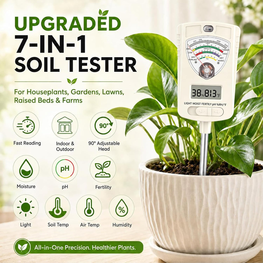 Soil Test Kit, 7-in-1 Soil Moisture Meter, Dual Screen Soil Tester, Moisture/pH/Temperature/Sunlight/Air