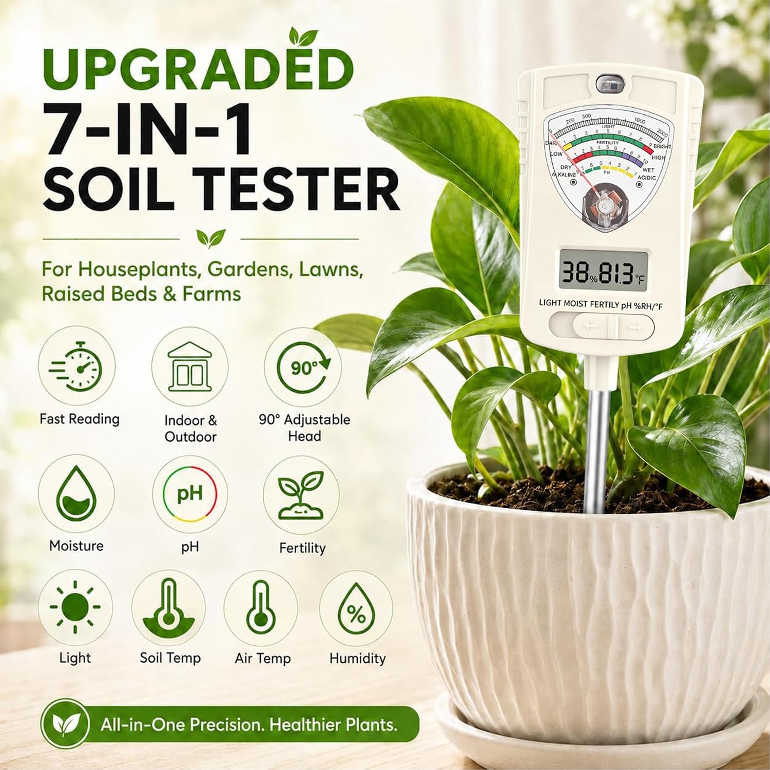 Soil Test Kit, 7-in-1 Soil Moisture Meter, Dual Screen Soil Tester, Moisture/pH/Temperature/Sunlight/Air