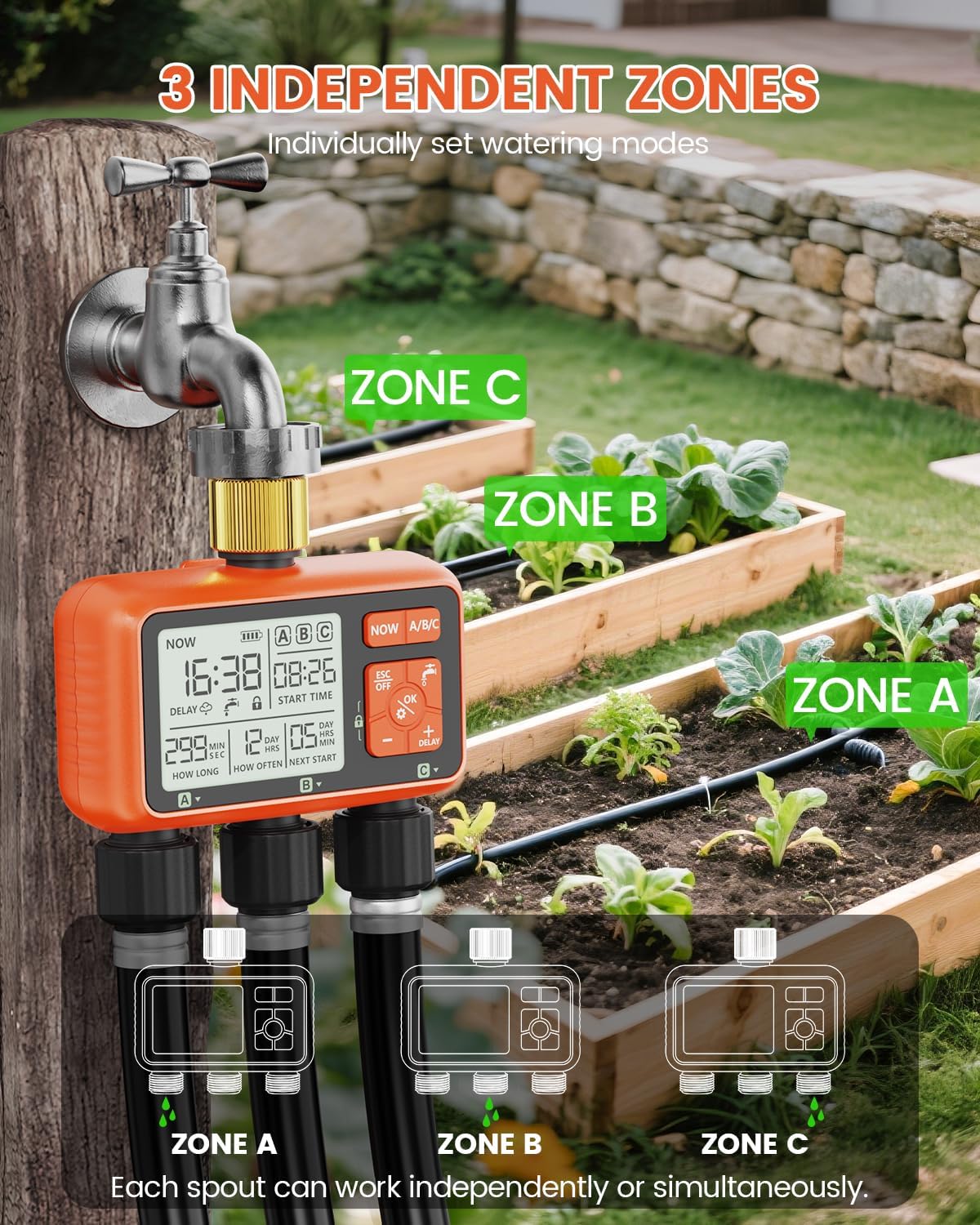 Sprinkler Timer 3 Zone with Brass Inlet Water Timer for Garden | Programmable Hose Faucet Controller with Independent