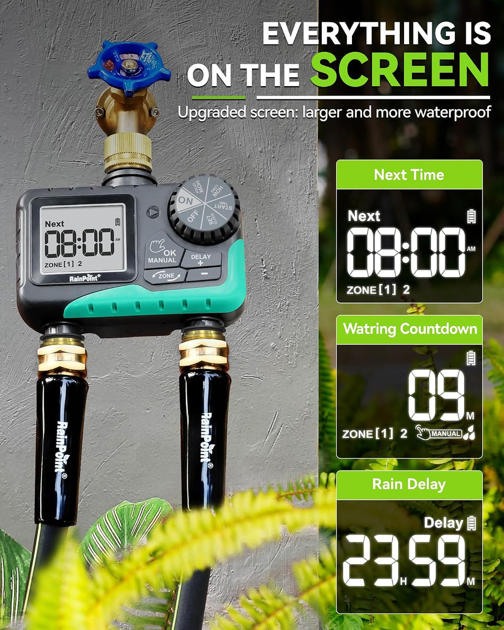 RAINPOINT 2 Zone Sprinkler Timer with Brass Inlet and Outlet - Water Timer for Garden Hose with Rain Delay/Manual