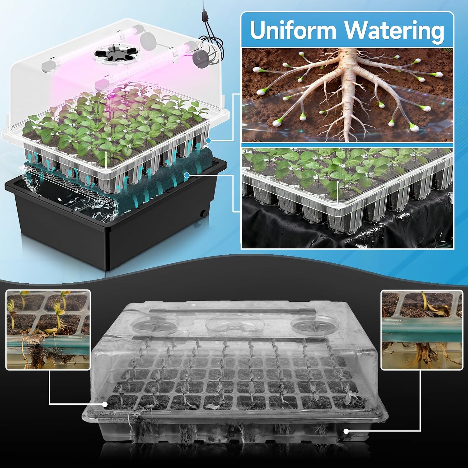 Hon&Guan 2-Pack 30-Cell Seed Starting Kits with Heat Mats and LED Lights | 60-cell PP seedling trays, 5.3" domes with