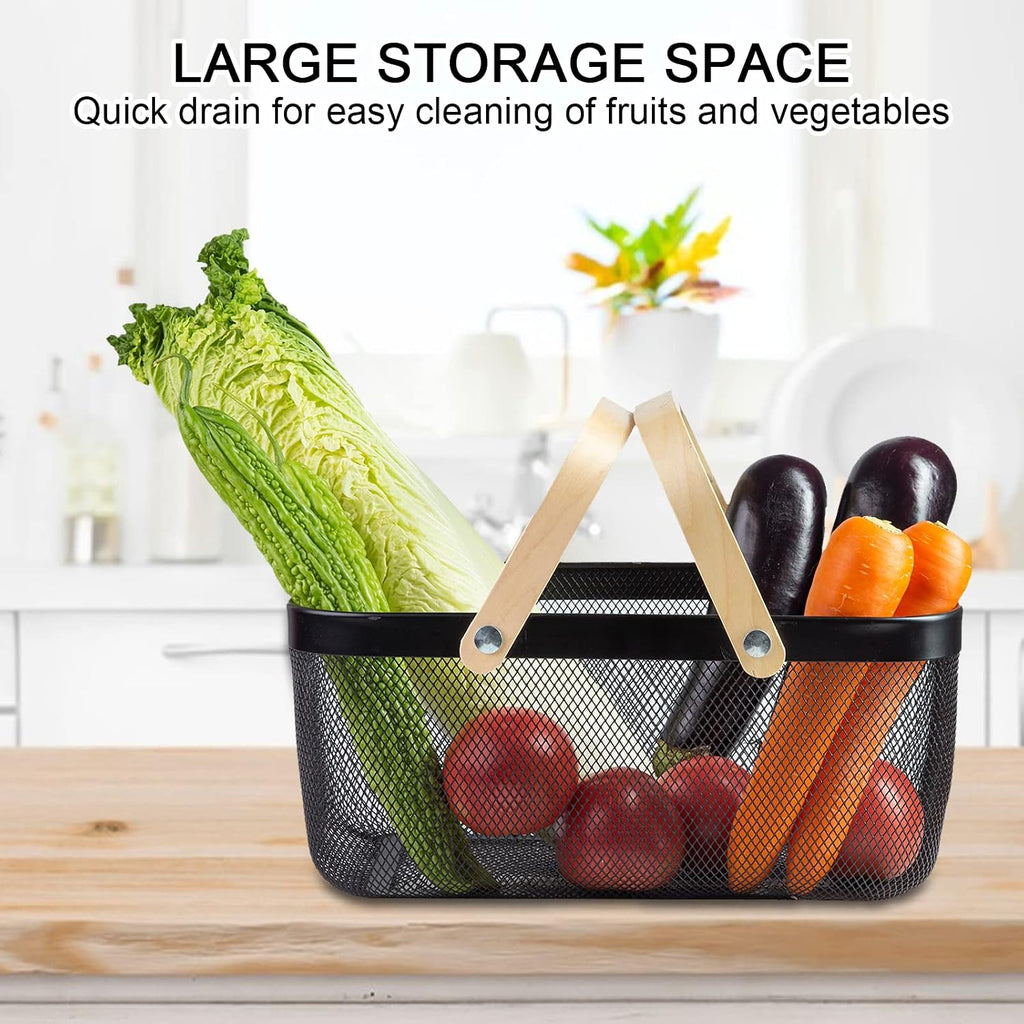 Portable Garden Harvest Basket-Mesh Design Natural Bamboo Handle Wire Storage Baskets,Mesh Basket with Handle Organize