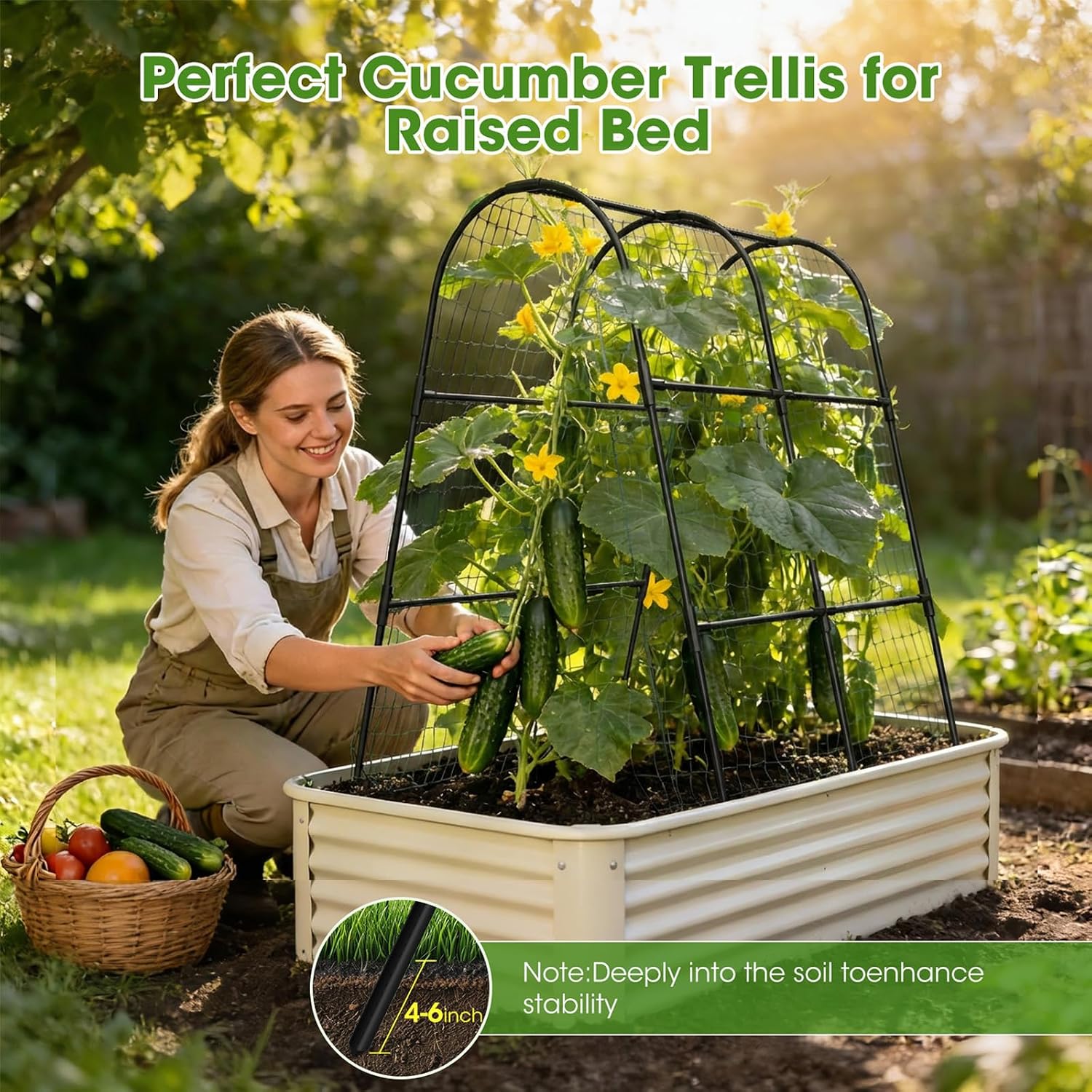 Cucumber Trellis for Raised Bed,U-Shape Garden Trellis for Climbing Plants Outdoor, Metal Arch Vegetables Trellis