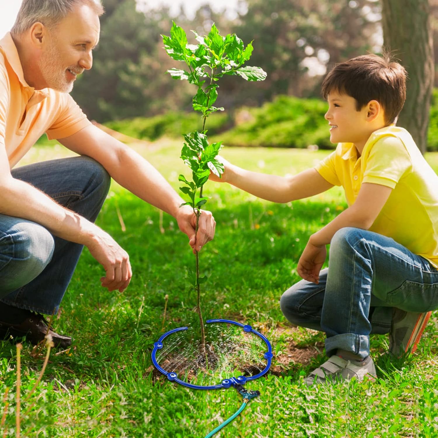 ZZM 360°Tree Water System Tree Watering Ring Circle Sprinkler and Irrigation System Targeted Water with Y Hose Splitter