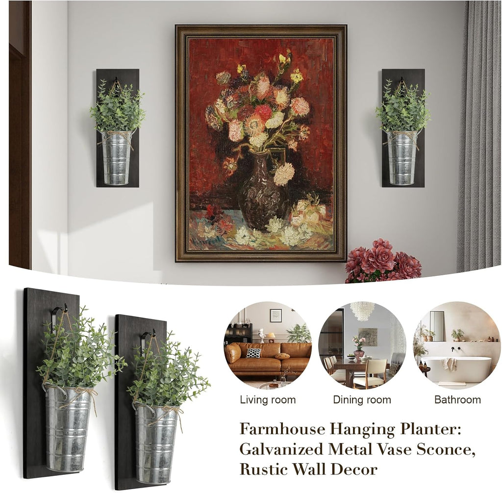 SHOHAYTO Farmhouse Wall Decor Set of 2 - Wood Hanging Planters with Artificial Eucalyptus, Rustic Vertical Pocket Vases