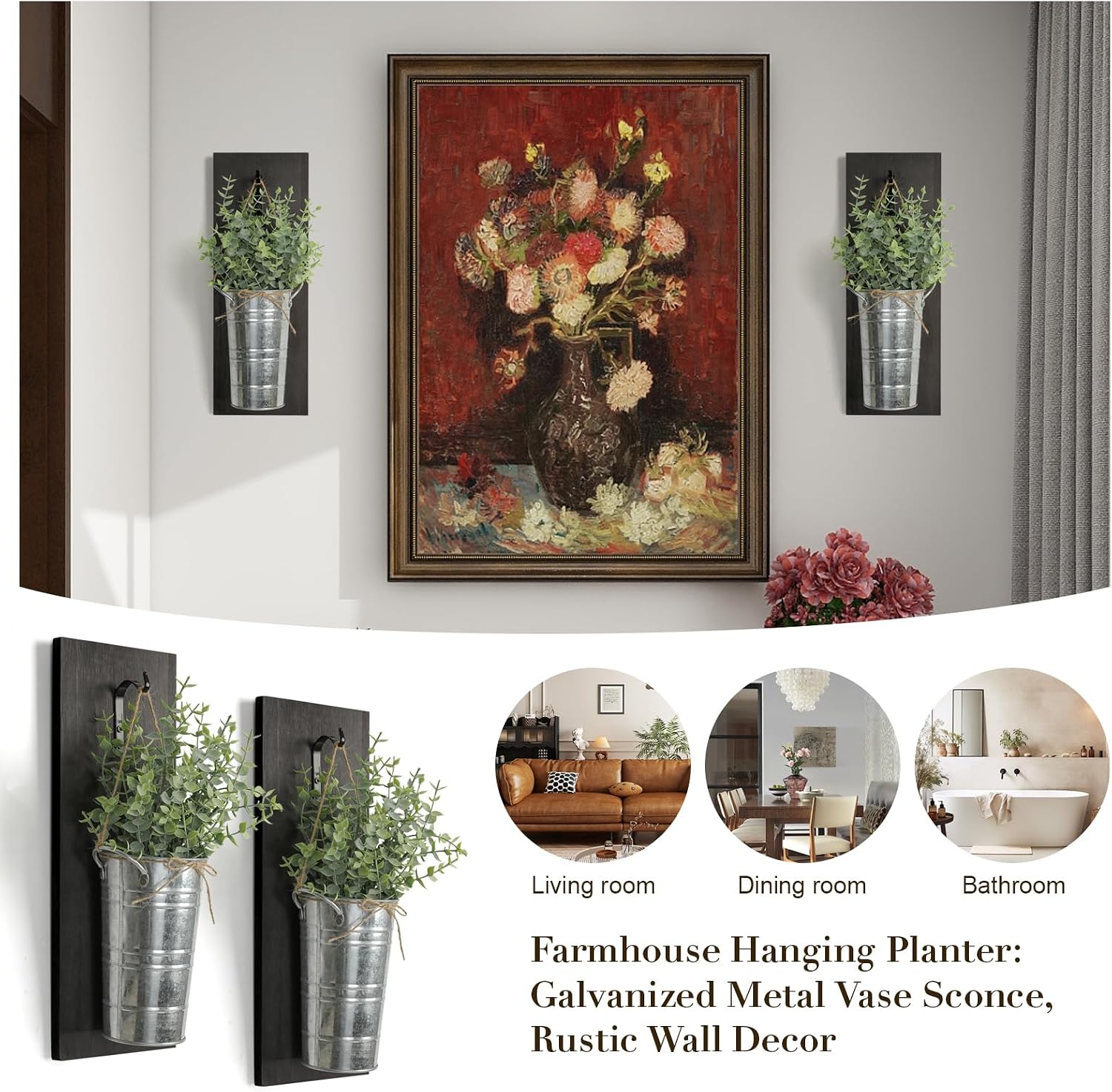 SHOHAYTO Farmhouse Wall Decor Set of 2 - Wood Hanging Planters with Artificial Eucalyptus, Rustic Vertical Pocket Vases