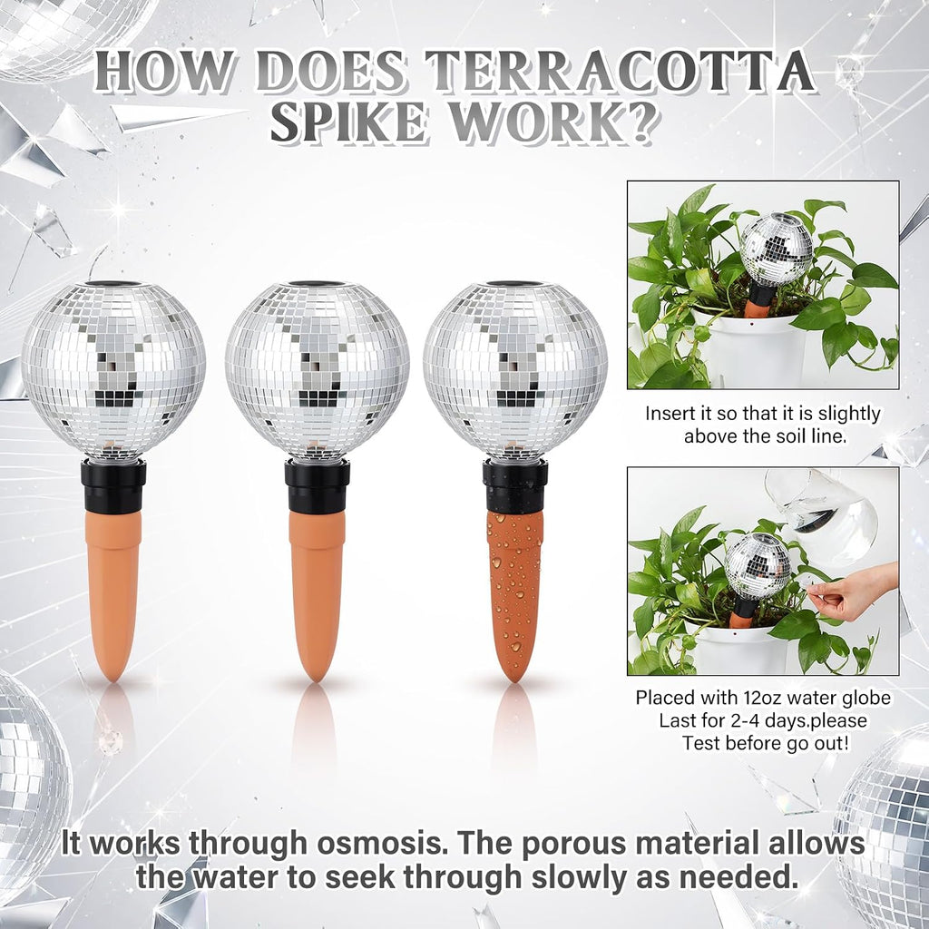 Pangda 2 Pack Disco Self Watering Spikes 15oz Plant Watering Globes with Disco Ball Decor Slow Release Vacation Insert