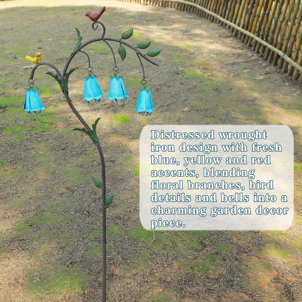 44.3"H Metal Decorative Garden Stake with Blue Bell Flowers & Birds | Metal Yard Art for Outdoor Yard Decor, Rustic