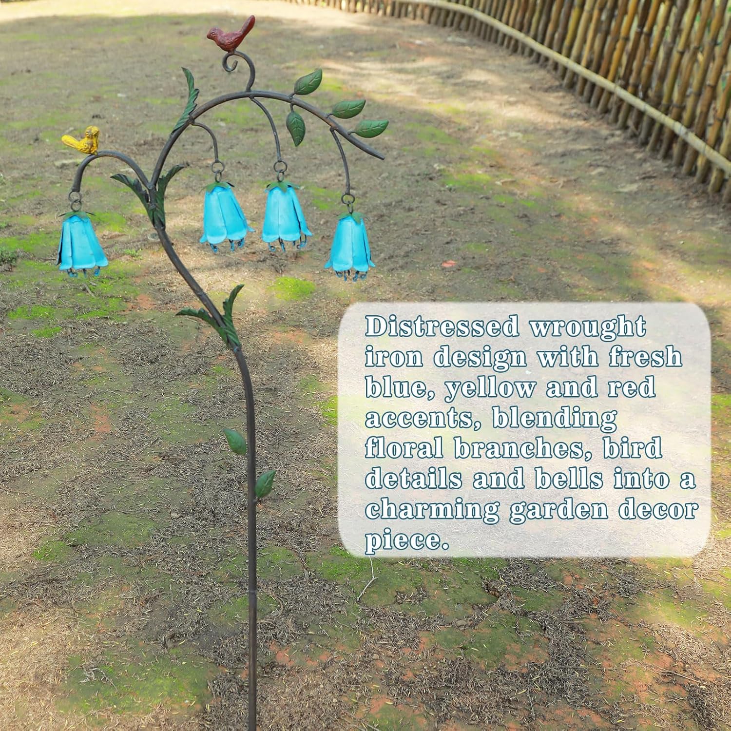 44.3"H Metal Decorative Garden Stake with Blue Bell Flowers & Birds | Metal Yard Art for Outdoor Yard Decor, Rustic