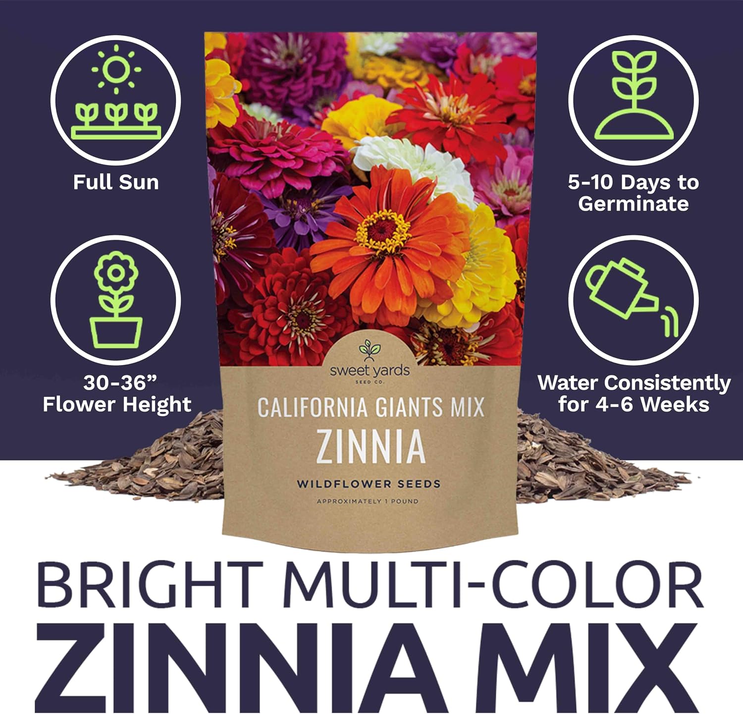 Bulk Zinnia Seeds - California Giants Mix - 1 Pound Bag Over 48,000 Flower Seeds - Mixed Colors and Large Blooms