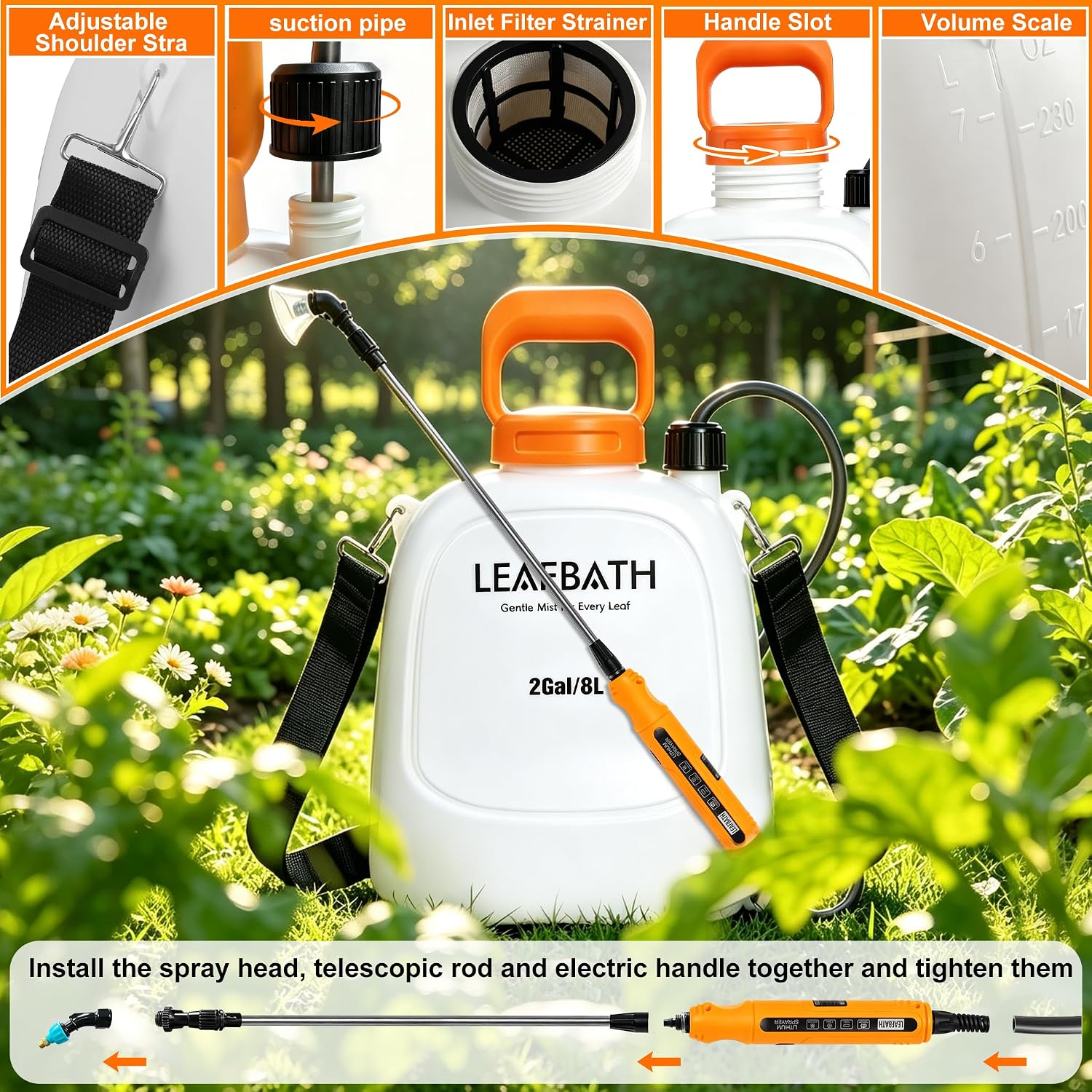 2 Gallon Battery Powered Backpack Sprayer - Rechargeable Electric Garden Sprayer, Comes with an Extra 10FT Hose, 2