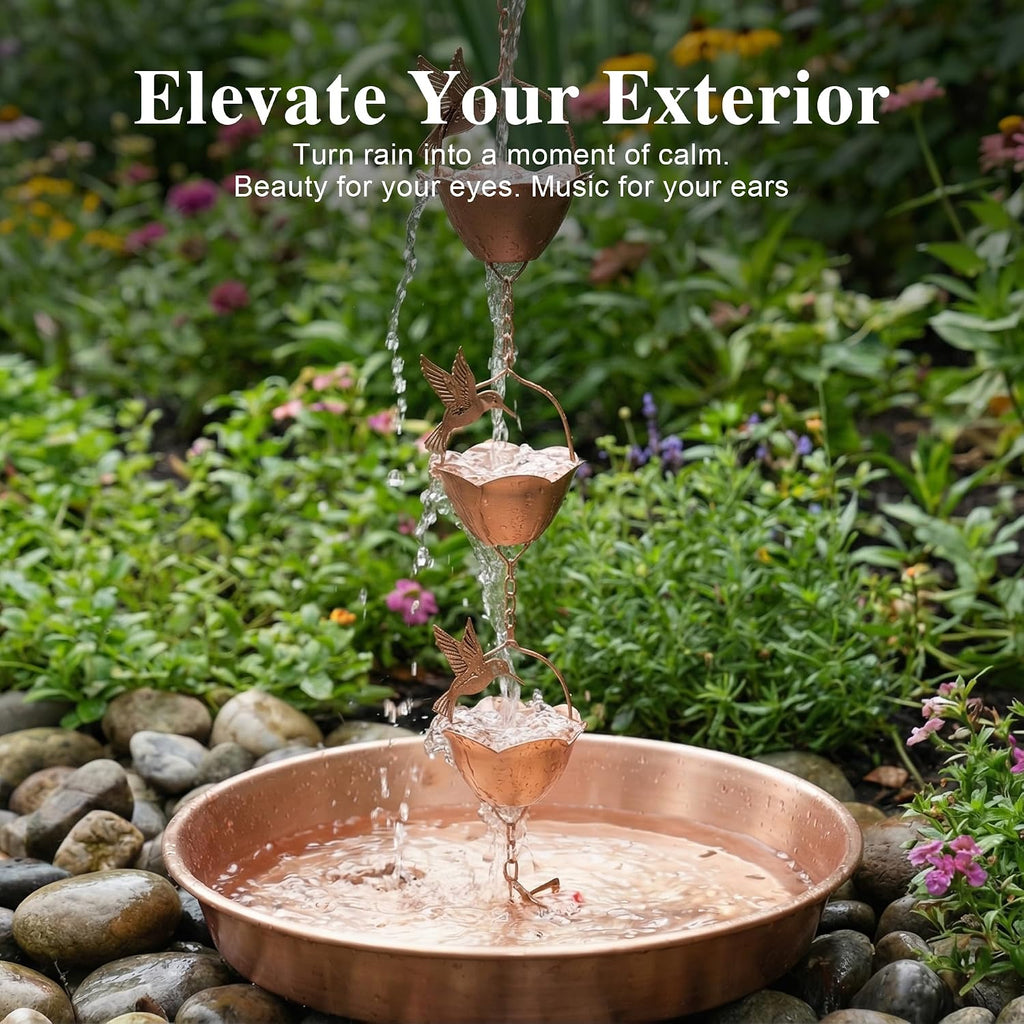 8.5FT Hummingbird Lotus Rain Chain for Gutters, Metal Rain Chain | 12 Cups, Adjustable Rain Catcher Chain with Bell for