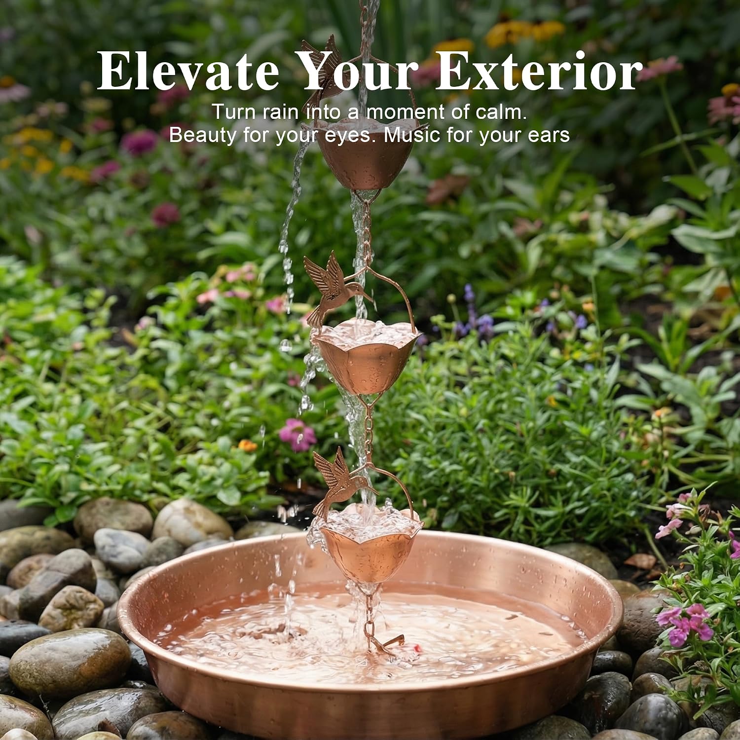 8.5FT Hummingbird Lotus Rain Chain for Gutters, Metal Rain Chain | 12 Cups, Adjustable Rain Catcher Chain with Bell for