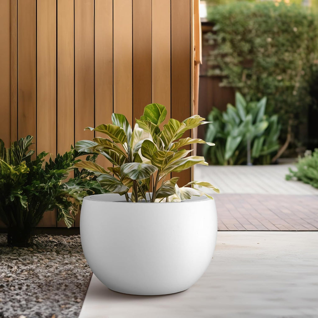 Kante Accent Round Bowl White Concrete Planter 15.7" Dia, Outdoor | Rubber Plug for Indoor, Drainage for Garden