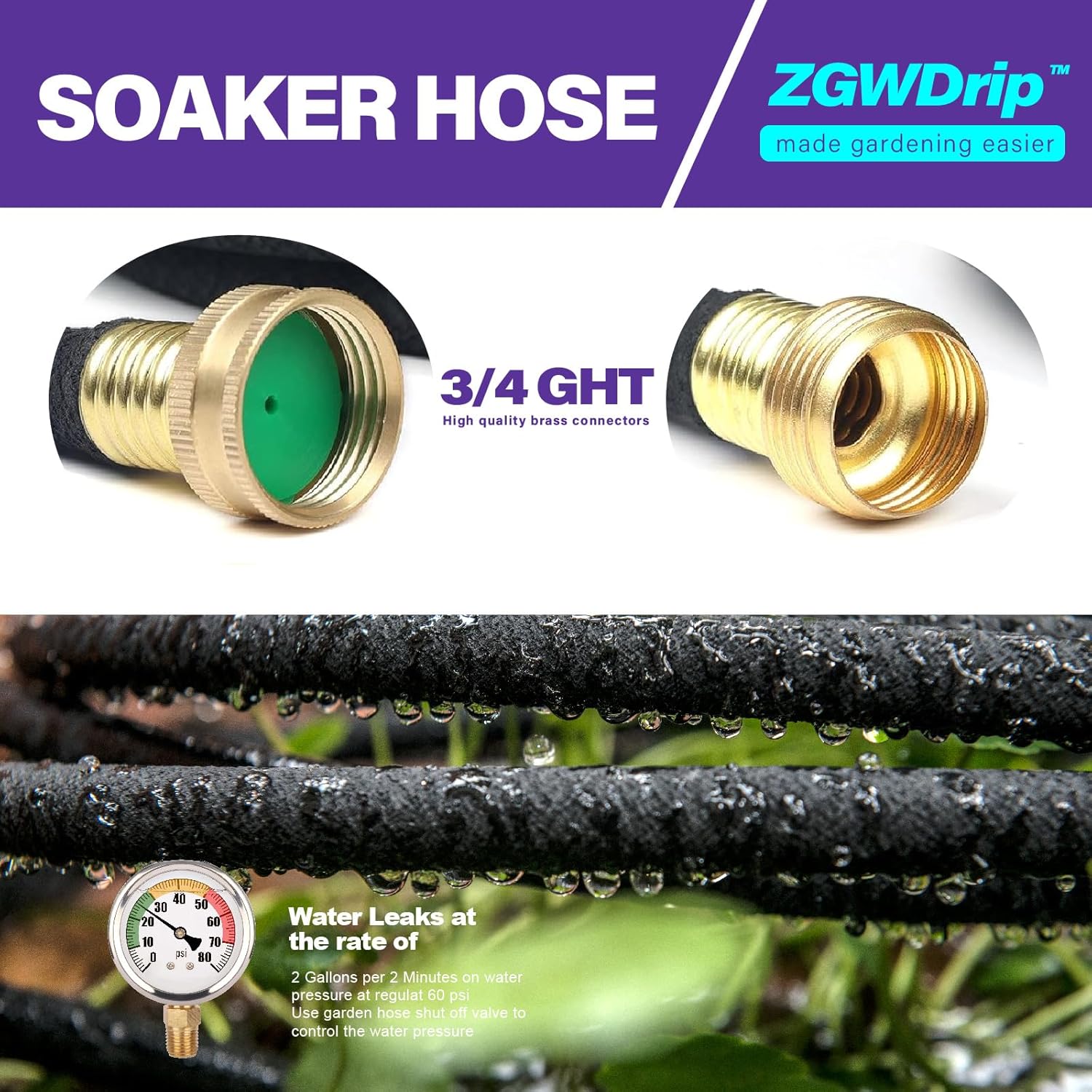 150FT 1/2" Water-Saving Soaker Hose with Solid Brass Connectors, Drip Irrigation Kit for Lawn & Landscaping with Metal