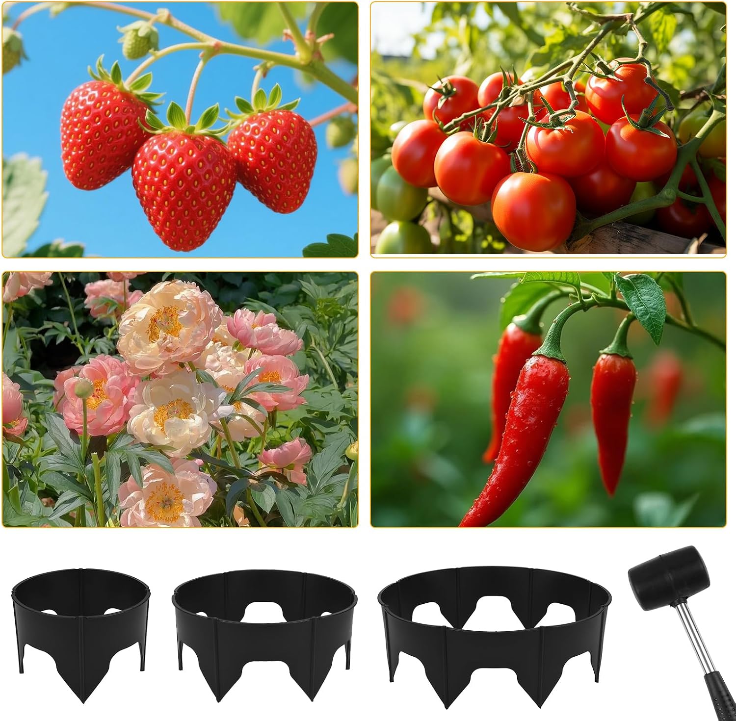 24 PCS Interlocking Planting Grow Rings Panels with Hammer, Black | Snap-together Components, Custom Rings in Varied