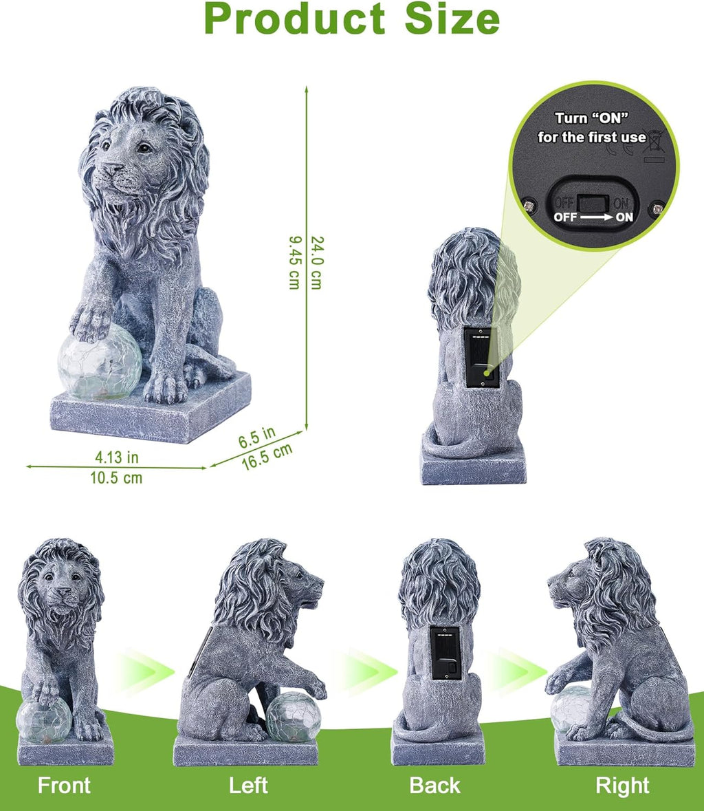 Guardian Lion Outdoor Statues for Garden with Solar Ball (Grey) | 9.45in IP65 Waterproof,Outside Decor, Yard Art Lawn