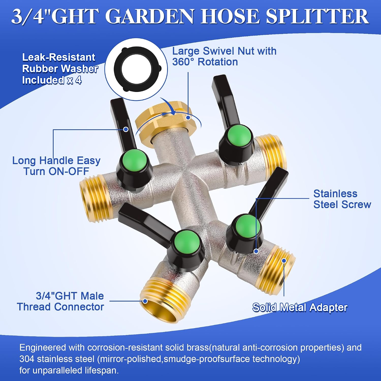 EJW Hose Splitter 4 Way, Garden Hose Splitters, Heavy Duty Faucet Splitter,Rv Brass Water Hose Y Splitter, Hose