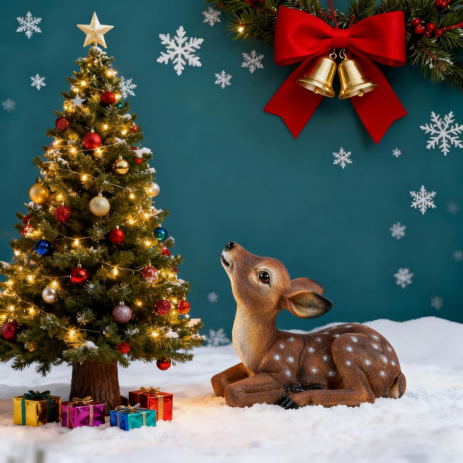 Deer Garden Statue, Outdoor Decorative Sculpture Brown with White Spots, 8.2 x 9.45 x 5.1 inches Yard Lawn Decor Deep