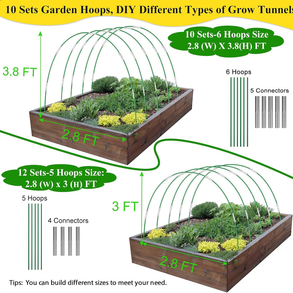 60Pcs Greenhouse Hoops Grow Tunnel Wide, 8FT Rust-Free Fiberglass Support Garden Hoops Kit for Raised Beds Plant Cloth