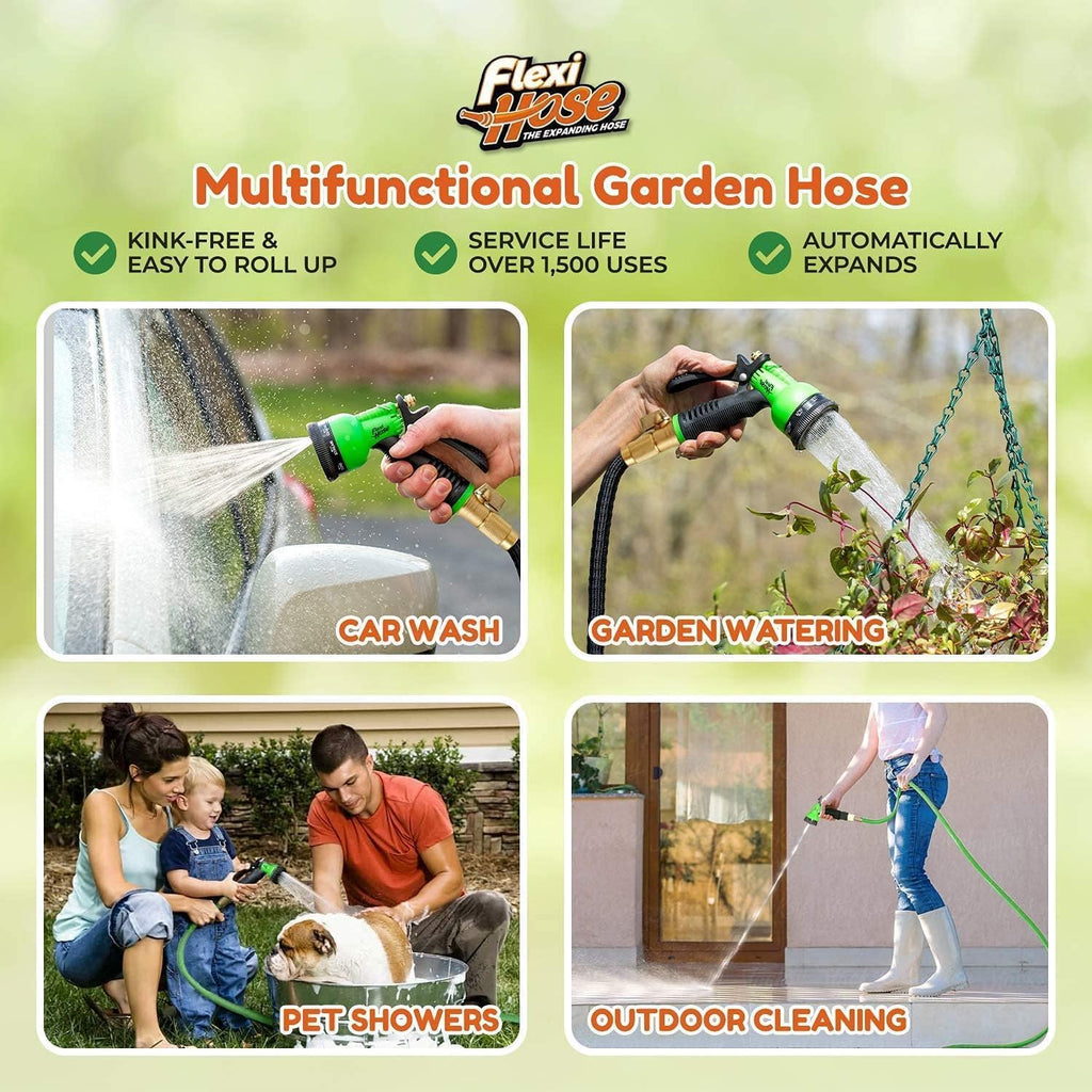 Flexi Hose with 8 Function Nozzle, 100FT - Lightweight Expandable Garden Hose, No-Kink Flexibility, 3/4 Inch Solid