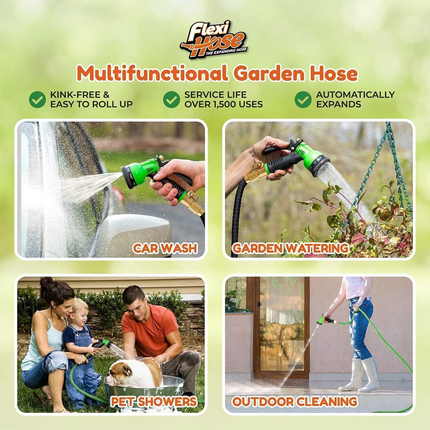 Flexi Hose Plus Expandable Garden Hose with 8 Function Nozzle, 50FT - Lightweight Retractable Garden Hose, Water Hose