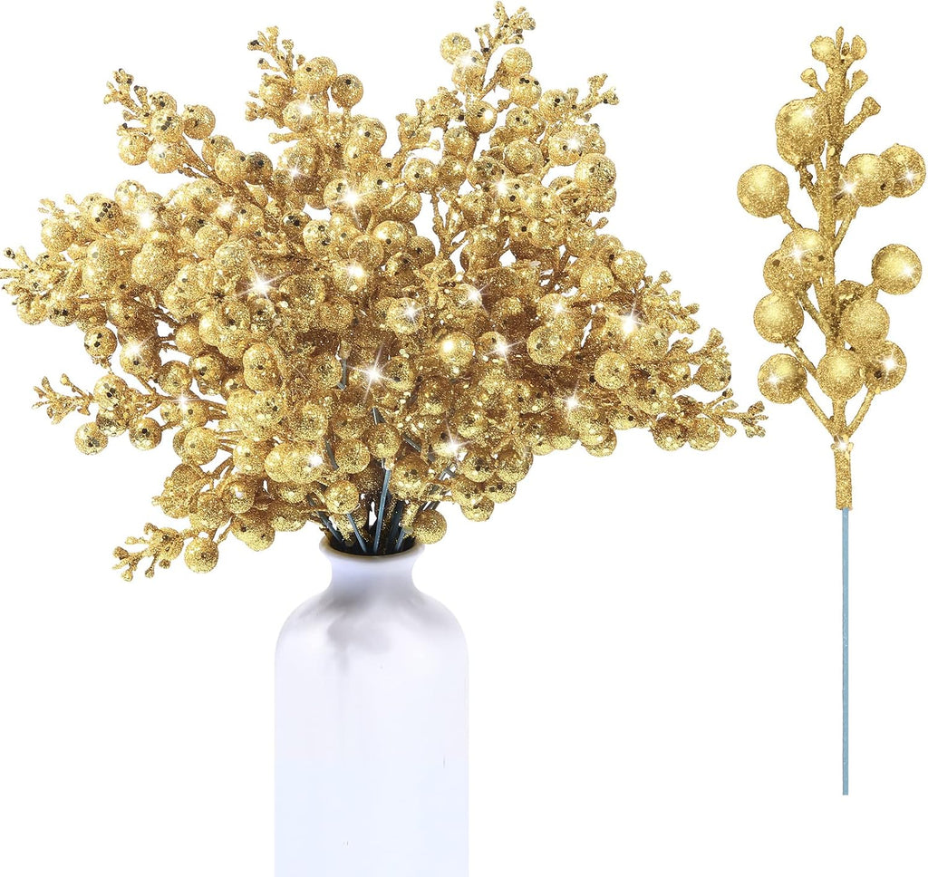 Geosar 36 Pcs Christmas Glittered Berries Stems, Gold
