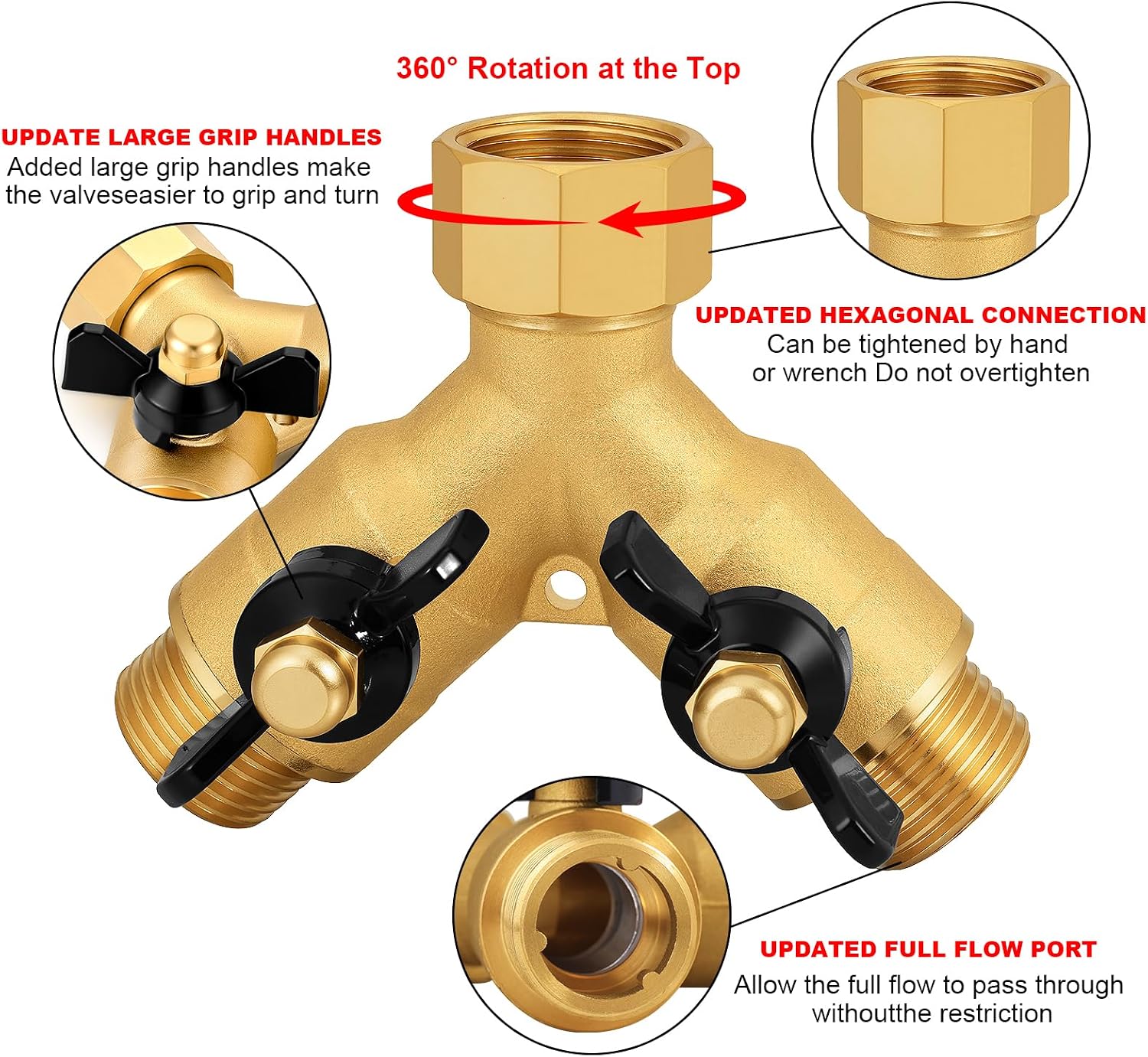Heavy-Duty Brass 2-Way High-Flow Garden Hose Splitter, Outdoor Faucet Y-Valve Diverter Connector with Butterfly Handle