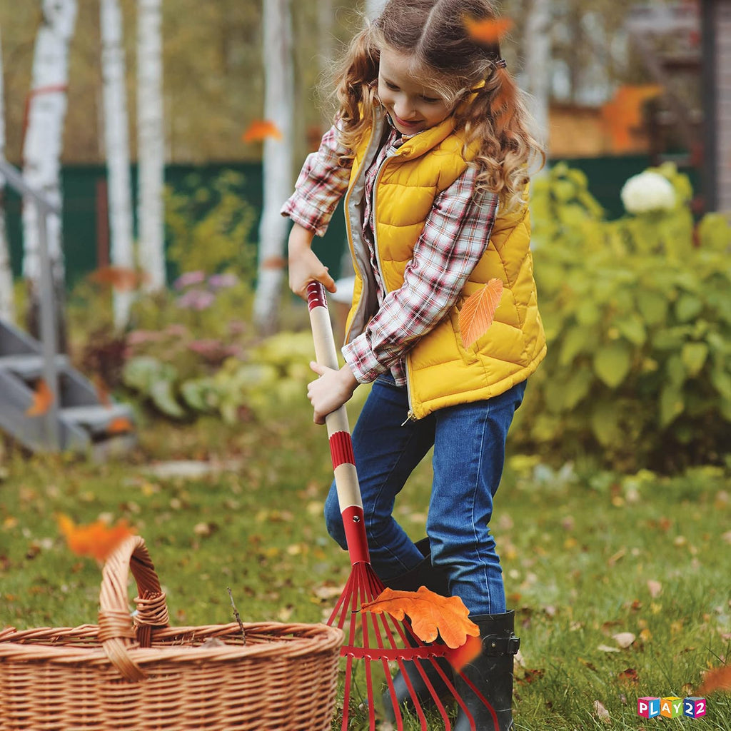 Play22 Kids Garden Tool Set Toy 4-Piece - Shovel, Rake, Hoe, Leaf Rake, Wooden Gardening Tools for Kids Best Outdoor