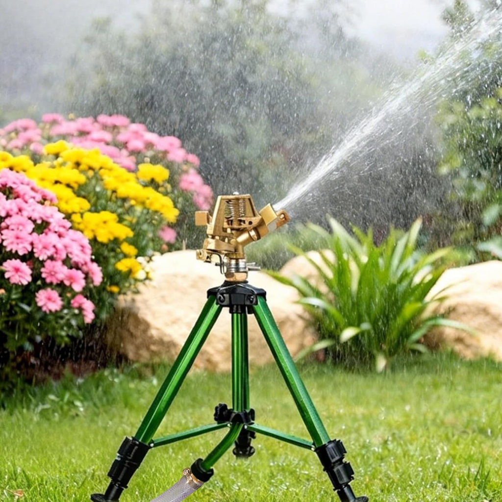 Impact Sprinkler on Tripod Base, 360° Adjustable Brass Sprinkler Head with Stakes, Heavy Duty Metal Tripod Lawn
