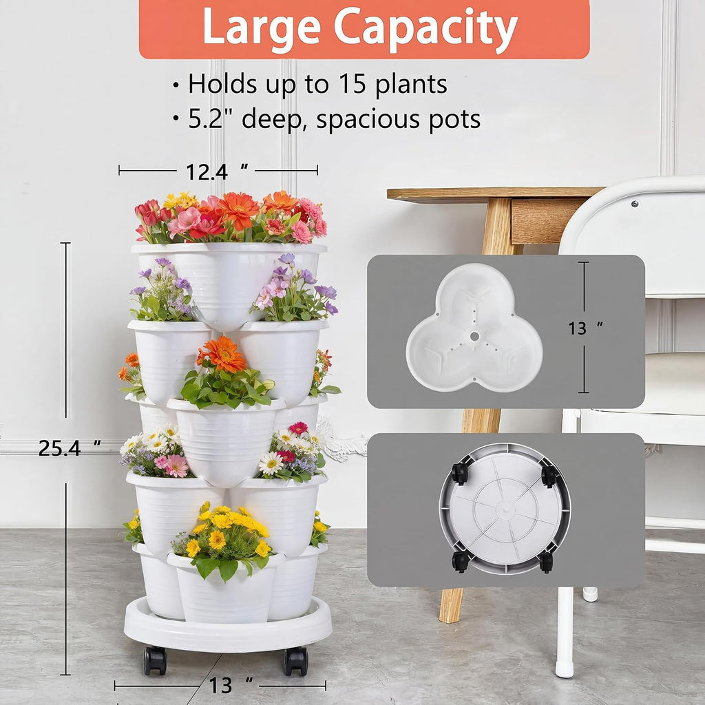 VECELO 5 Tier Vertical Garden Planter, Self Watering Stackable Planters with Wheels for Strawberries, Herbs, Flowers