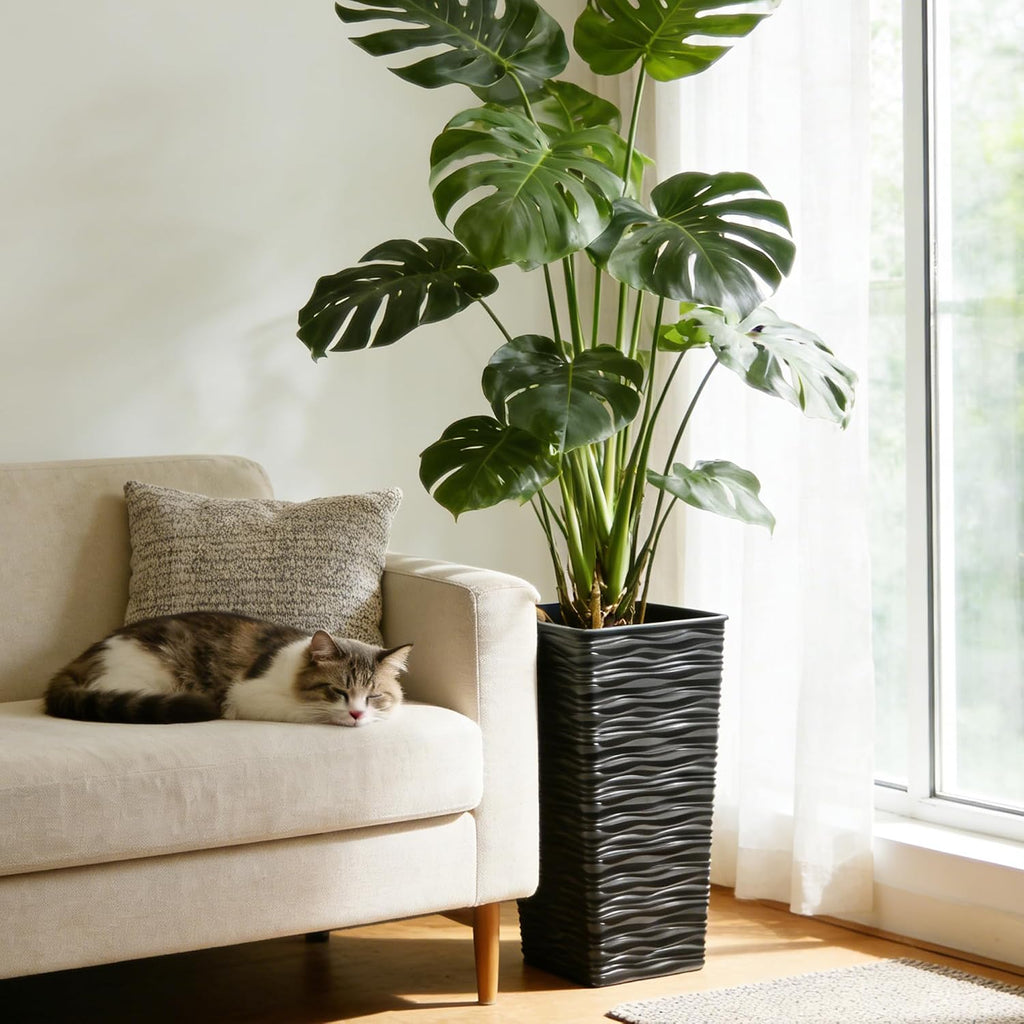 Worth 2 Pack 22" Tall Plastic Square Tapered Planter with Inside Pots for Indoor or Outdoor Use, Modern Wavy Finish for