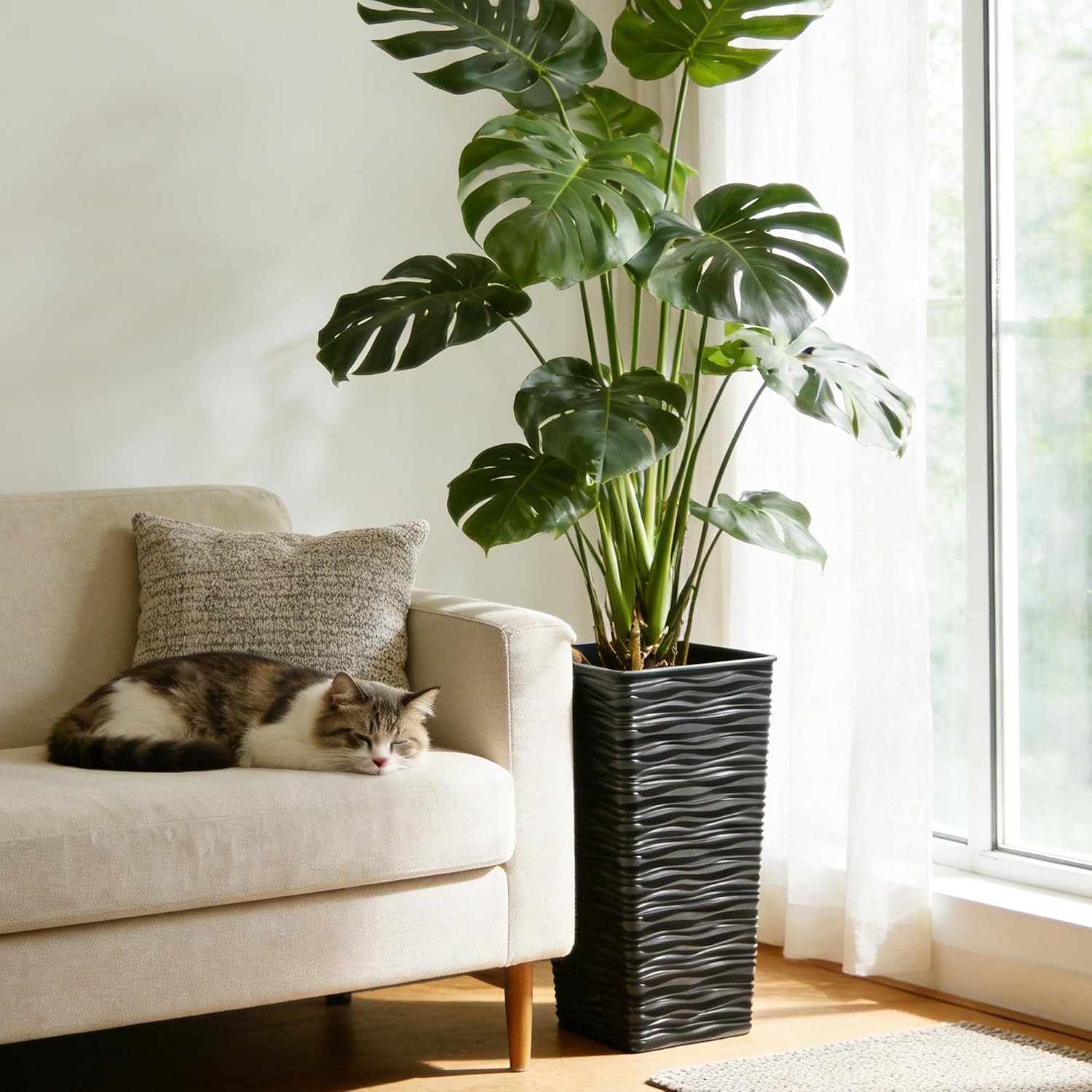 Worth 2 Pack 22" Tall Plastic Square Tapered Planter with Inside Pots for Indoor or Outdoor Use, Modern Wavy Finish for