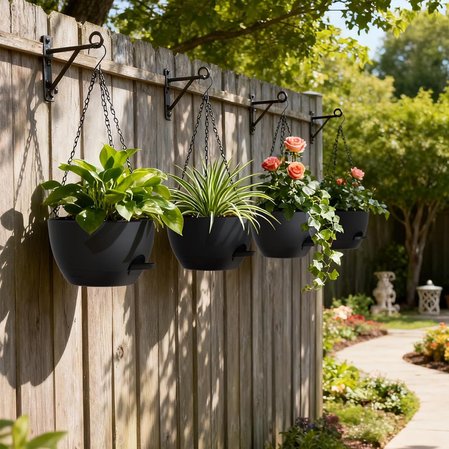UOUZ 4 Pack 8 Inch Self Watering Hanging Planters for Indoor Outdoor Plants，Hanging Pots for Plants with Drainage