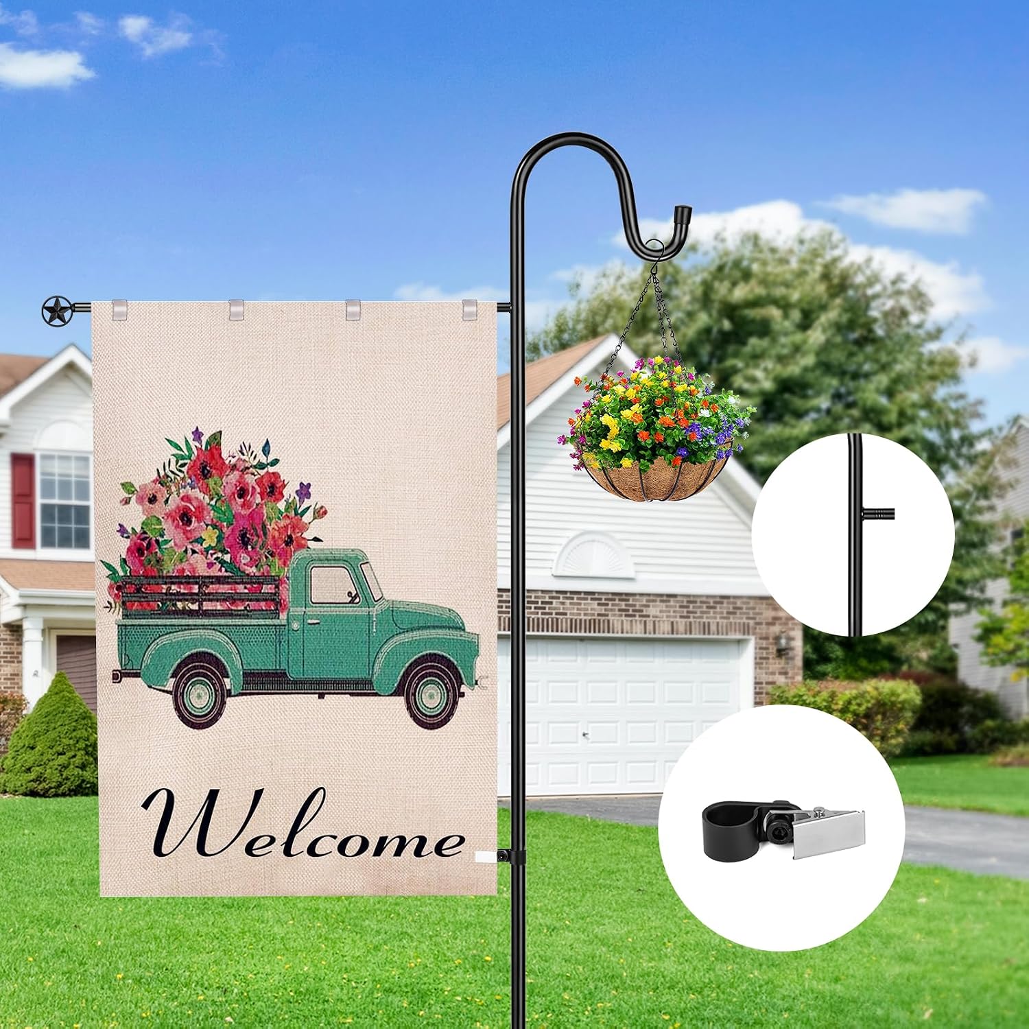 Garden Flag Stand for Outdoor,Heavy Duty Garden Flag Holder for 28x40 Flags, 62 Inches Gaden Flag Pole with Shepherd