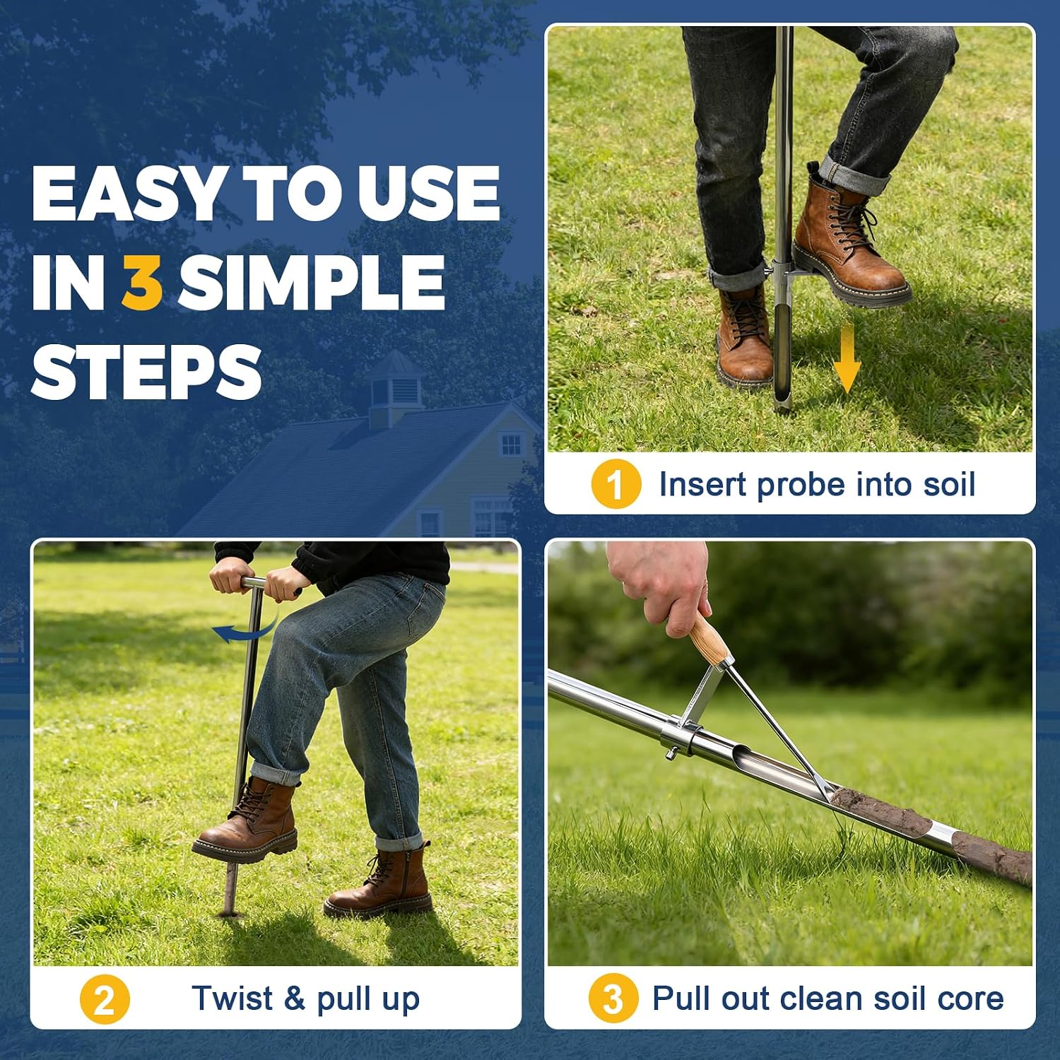 36 Inch Soil Sampler Probe, Stainless Steel Soil Core Sampling Tool with T-Handle, Heavy Duty Soil Probe for Lawn