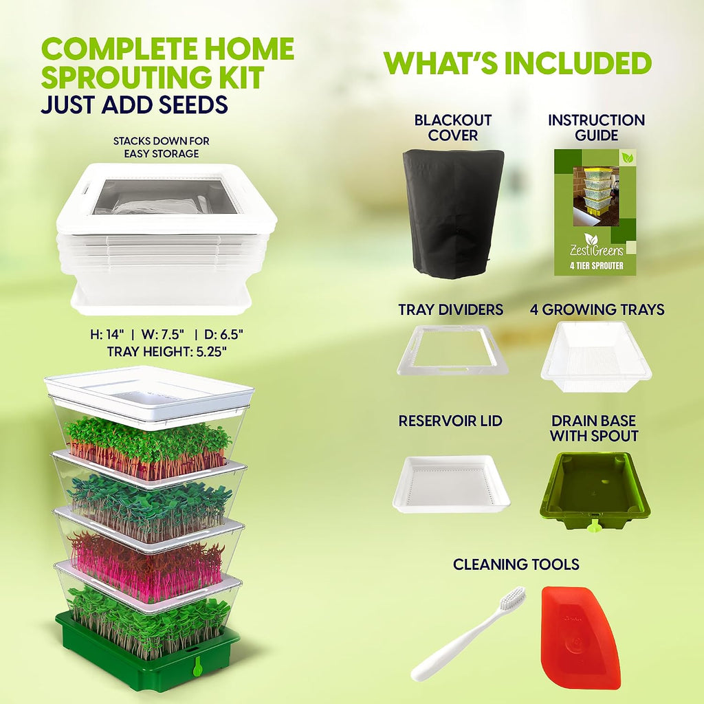 Sprouting Trays - 4-Tier Seed Sprouter with Drain Spout | 4 BPA-free stackable trays with a drain spout for easy home