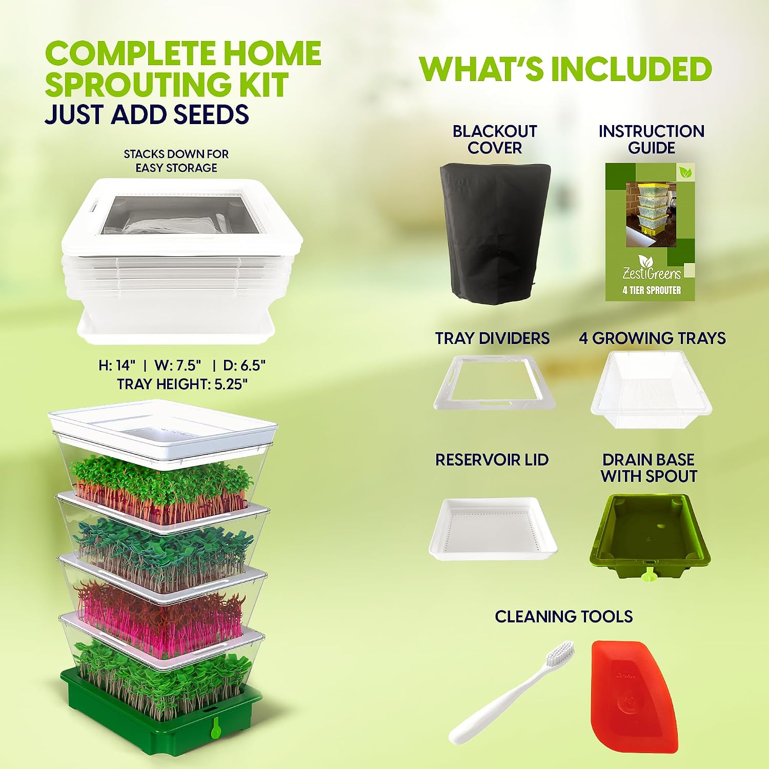Sprouting Trays - 4-Tier Seed Sprouter with Drain Spout | 4 BPA-free stackable trays with a drain spout for easy home