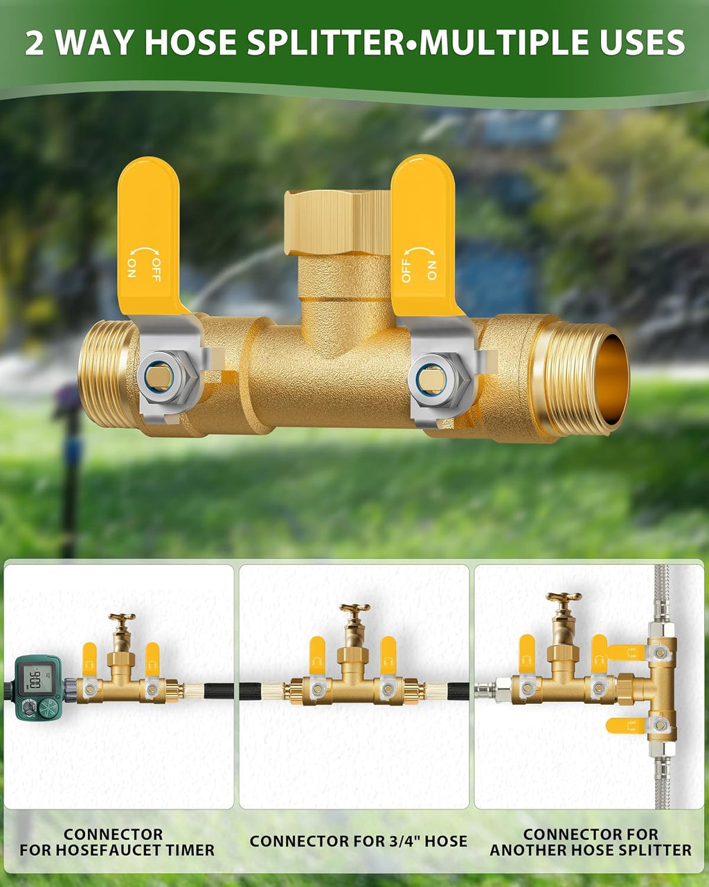 Hose Splitter 2 Way, Heavy Duty Brass Garden Hose Splitter | 0.59" Full Flow Ball Valve Outlet, Shut-Off Valve, 3/4"