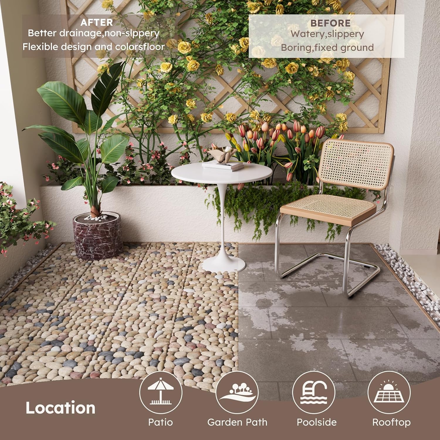 Natural Stepping Stones Deck Tiles for Outdoor River Rock 4 Sheets | Interlocking Square Pavers Landscaping, Sliced