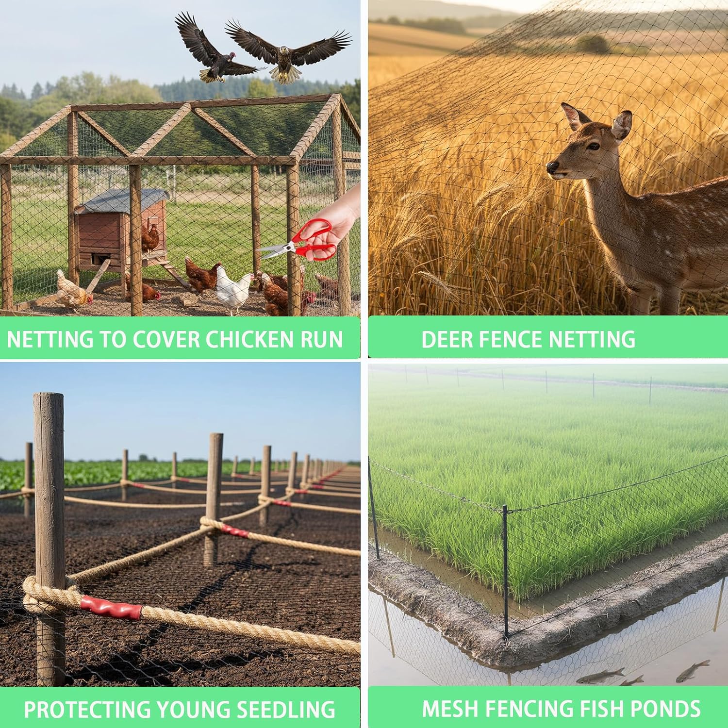 Garden Netting, 50' x 50' Heavy Duty Bird Netting Deer Fence Net, 1.6" Mesh Poultry Netting for Chicken Coop, Run &