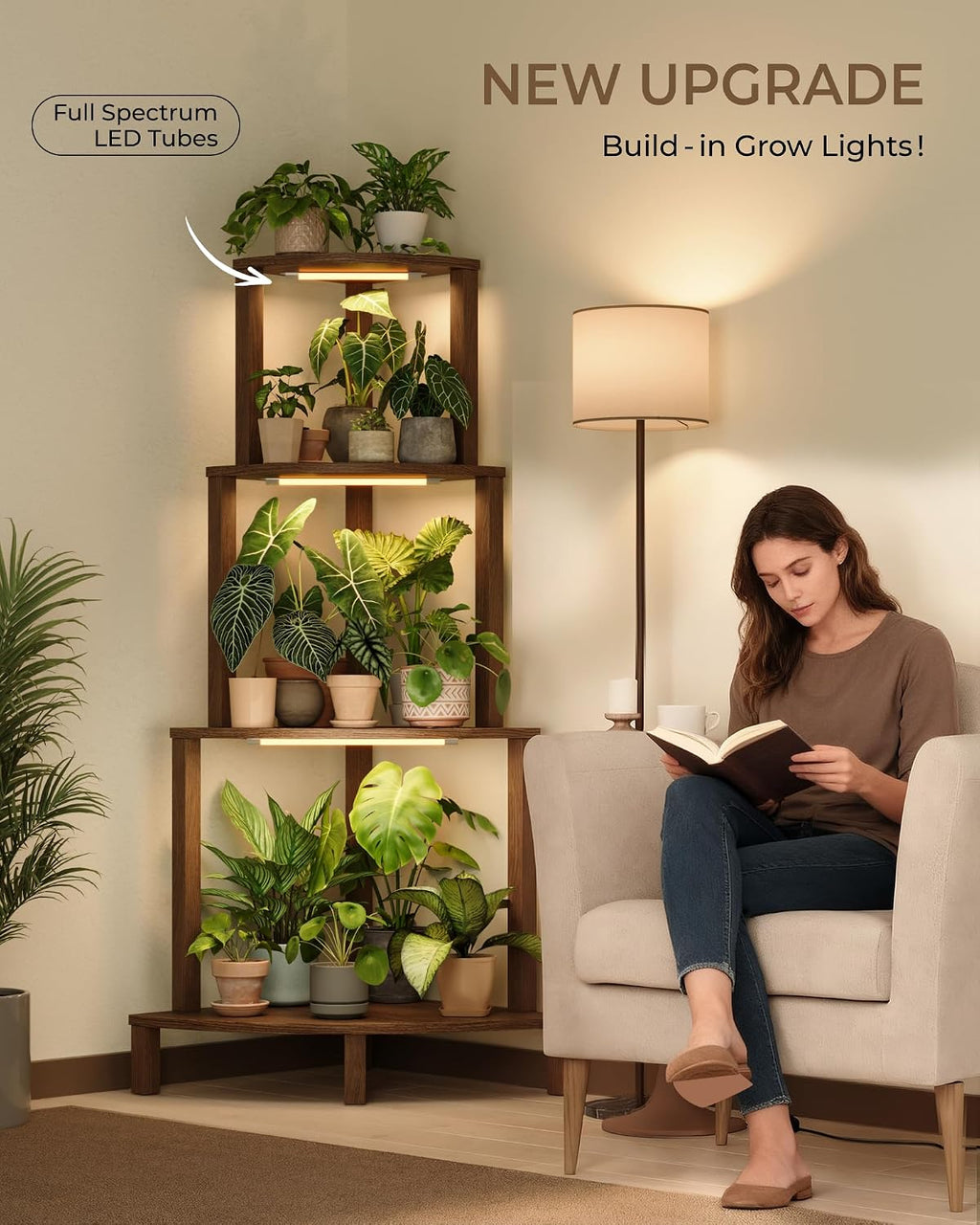 Bamworld Corner Plant Stand with Grow Lights 4-Tier Plant Stand Indoor Wood Plant Stand with Grow Light Tall Shelves