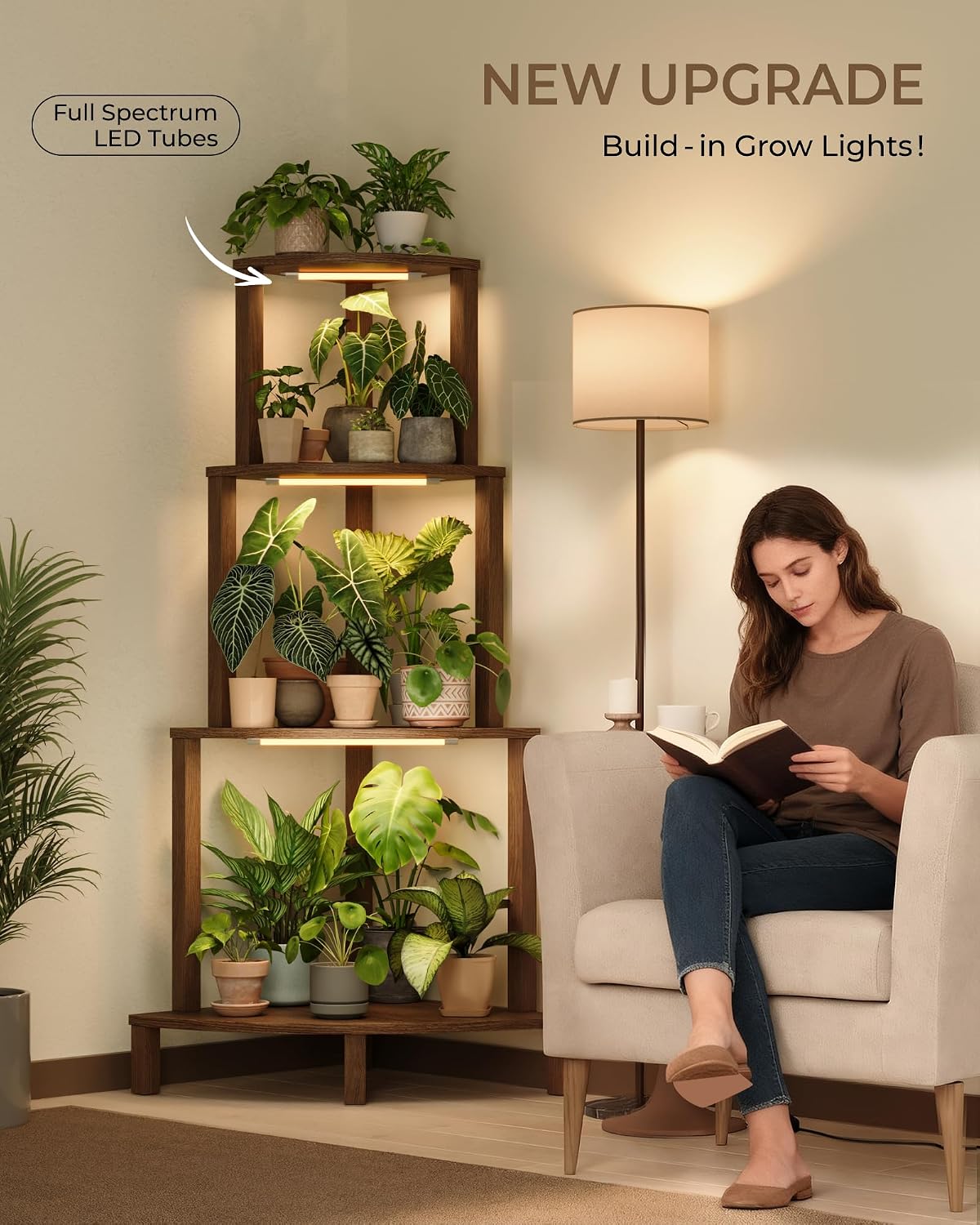 Bamworld Corner Plant Stand with Grow Lights 4-Tier Plant Stand Indoor Wood Plant Stand with Grow Light Tall Shelves