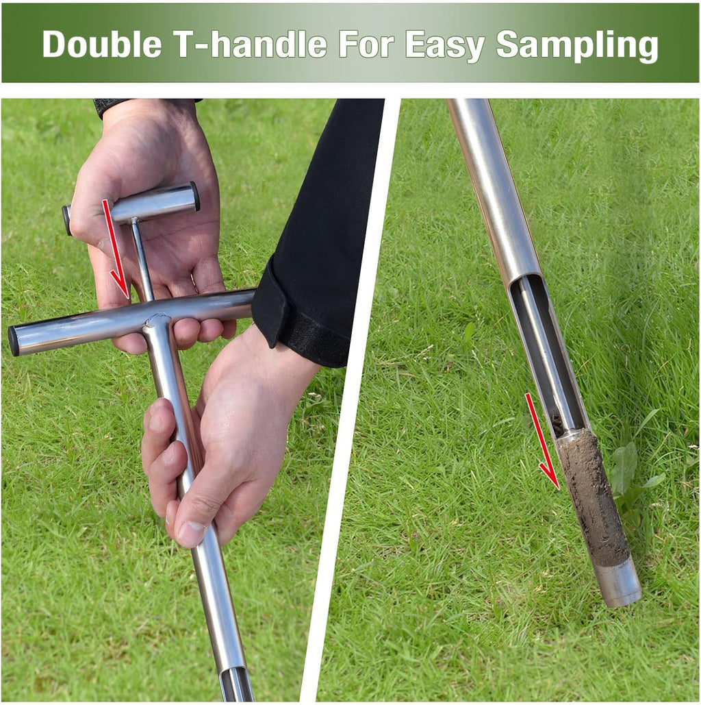 Soil Probe 16 Inch with 2 Bags, Soil Sample Probe with Ejector for Lawn House Plants, T-Handle Soil Sampler Probe Rod