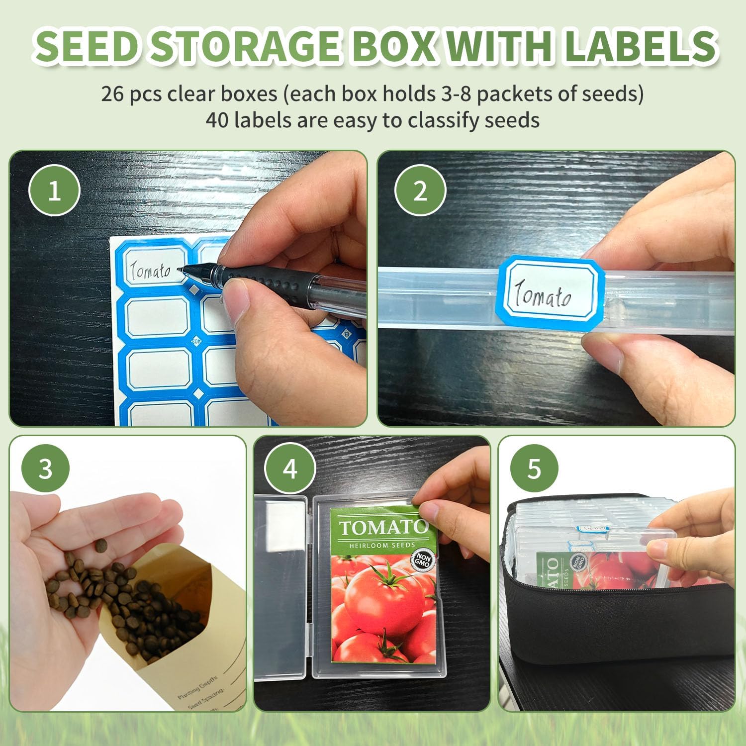 Boczif 26 Slots Seed Storage Organizer Box with Insulated Bag Seed Envelopes Bag and Label Stickers, Garden Seed