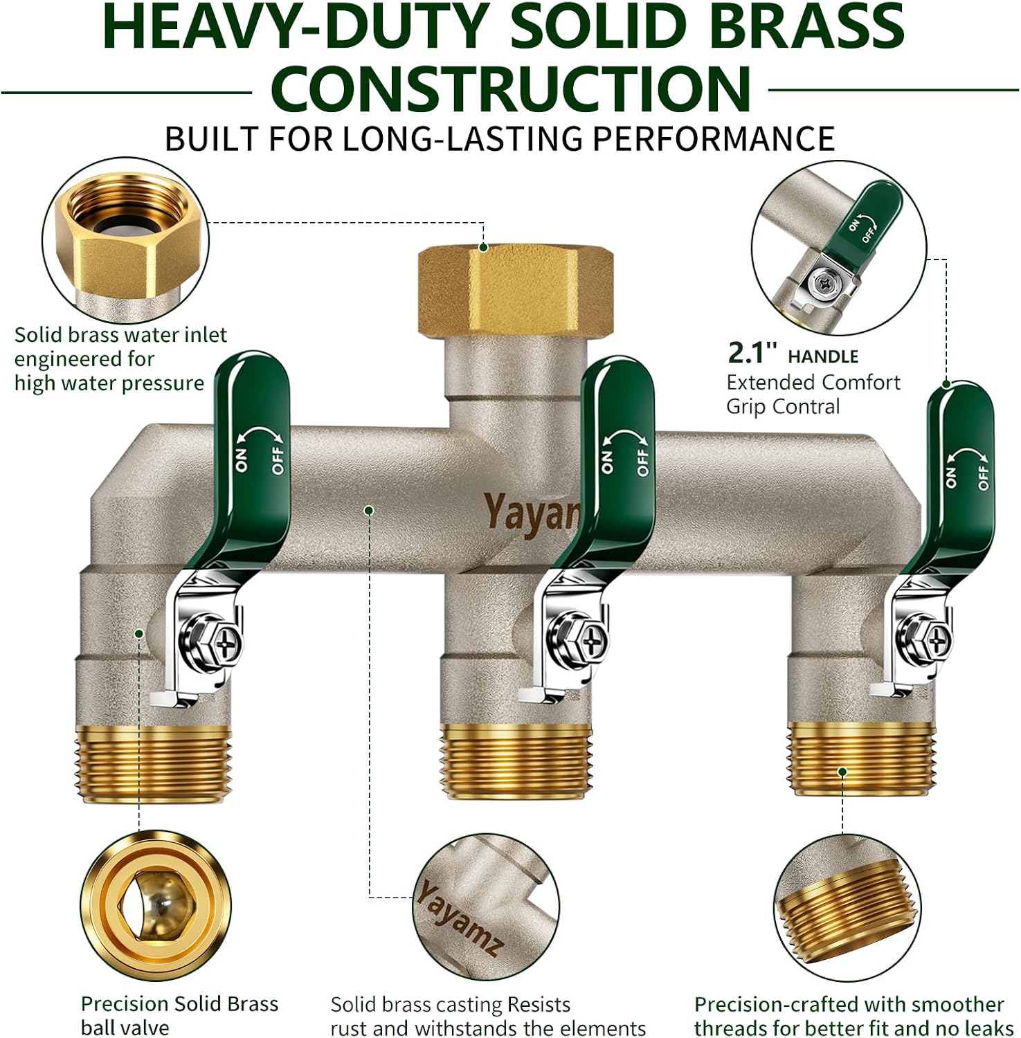 3 Way Garden Hose Splitter, 3/4" GHT Full Flow Hose Splitter | One-Piece Heavy Duty Full Brass Body with Shut-off