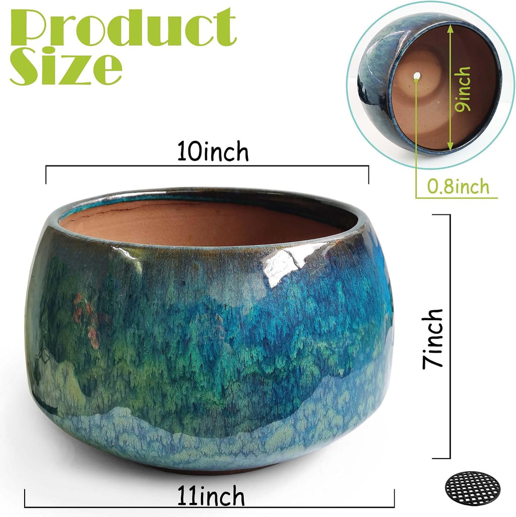 Reactive Glaze Peacock Color 11" Ceramic Plant Pot，Large Flower Pot Planter | Artisan Blue Pot with Drainage Hole